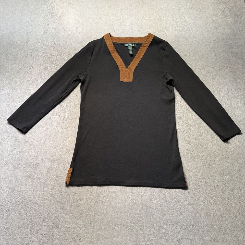 Lauren Ralph Lauren Womens M Black Brown Faux Suede Trim V-Neck 3/4 Sleeve Top